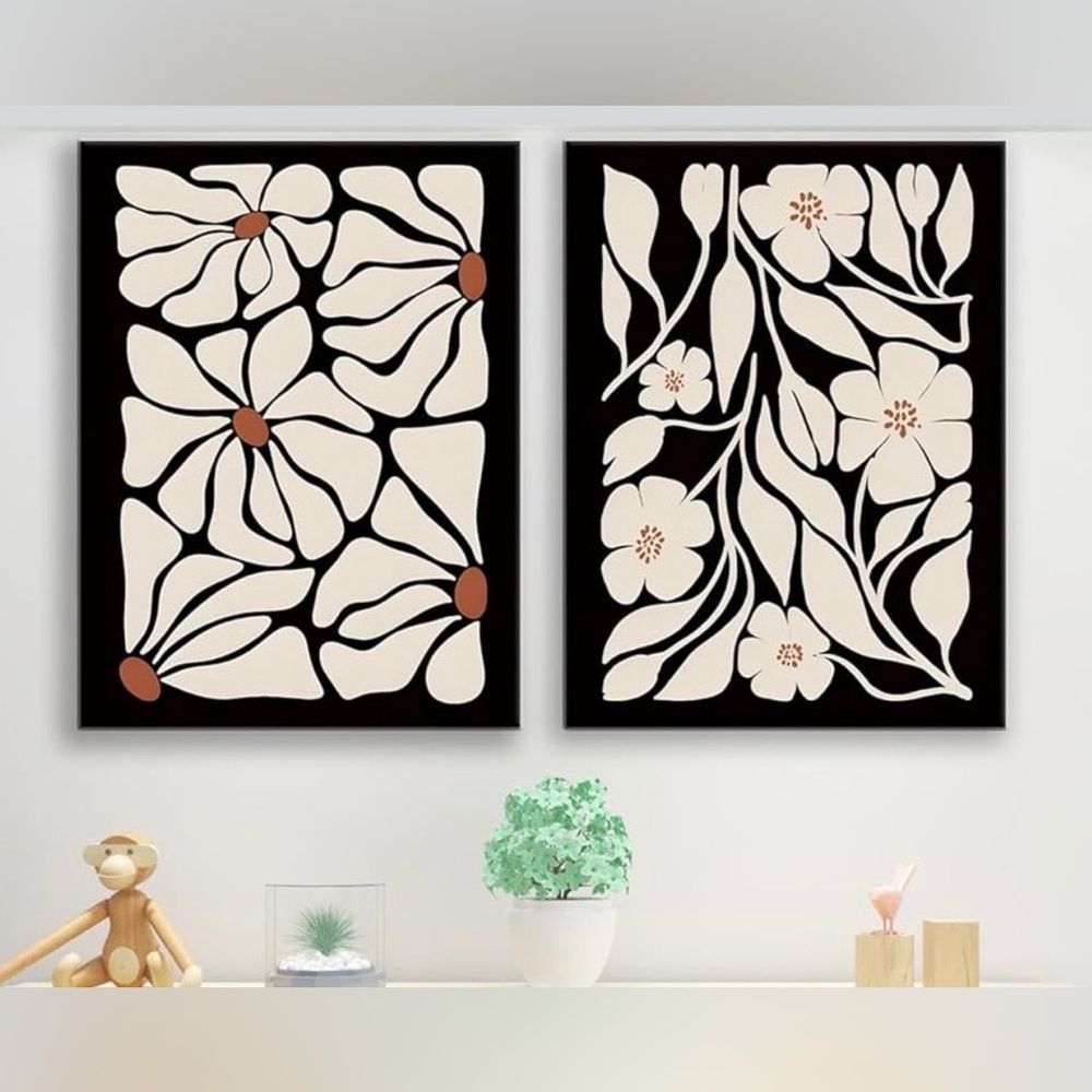 Set of 2 Abstract Bohemian Black and White Retro Flower 16x24 in Canvas Prints